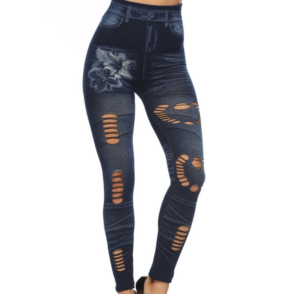 Blue High Rise Fake Denim Legging